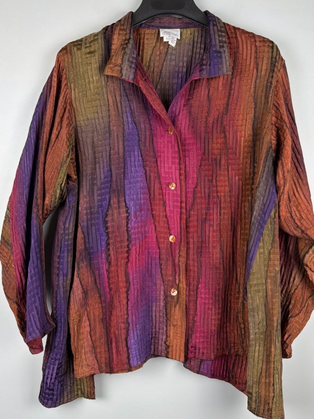Kay Chapman Blouse Women 1 Rainbow 100% Silk Abstract Texture Artsy Art To Wear